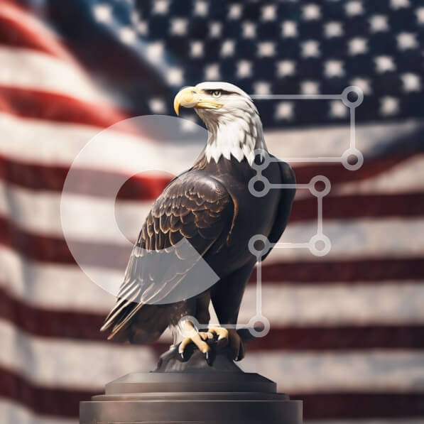 Intra Συλλεκτικό Ξύλινο Παζλ Plywood  4mm - Άγαλμα αετού με φόντο αμερικανική σημαία Σε Ξύλινο Κουτί - Διαστάσεις Puzzle: 10x10 cm – 25 κομμάτια