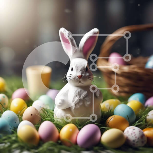 Intra Συλλεκτικό Ξύλινο Παζλ Plywood  4mm - Λευκό λαγουδάκι και Πασχαλινά αυγά στη χλόη Σε Ξύλινο Κουτί - Διαστάσεις Puzzle: 10x10 cm – 25 κομμάτια