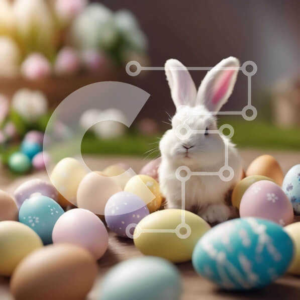 Intra Συλλεκτικό Ξύλινο Παζλ Plywood  4mm - Λευκό Λαγουδάκι που περιβάλλεται από πολύχρωμα Πασχαλινά αυγά Σε Ξύλινο Κουτί - Διαστάσεις Puzzle: 10x10 cm – 25 κομμάτια