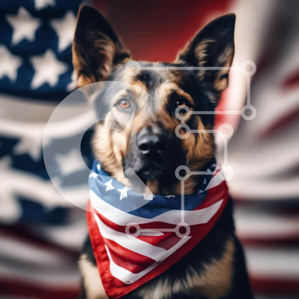 Intra Συλλεκτικό Ξύλινο Παζλ Plywood  4mm - Γερμανικός Ποιμενικός σκύλος με αμερικανική μπαντάνα και αμερικανική σημαία Σε Ξύλινο Κουτί - Διαστάσεις: 10x10 cm – 25 κομμάτια