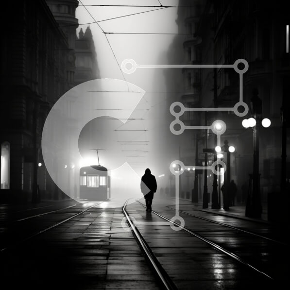 Intra Συλλεκτικό Ξύλινο Παζλ Plywood  4mm - Πρόσωπο που περπατά στην Misty City Street με τρόλεϊ Σε Ξύλινο Κουτί - Διαστάσεις Puzzle: 10x10 cm – 25 κομμάτια