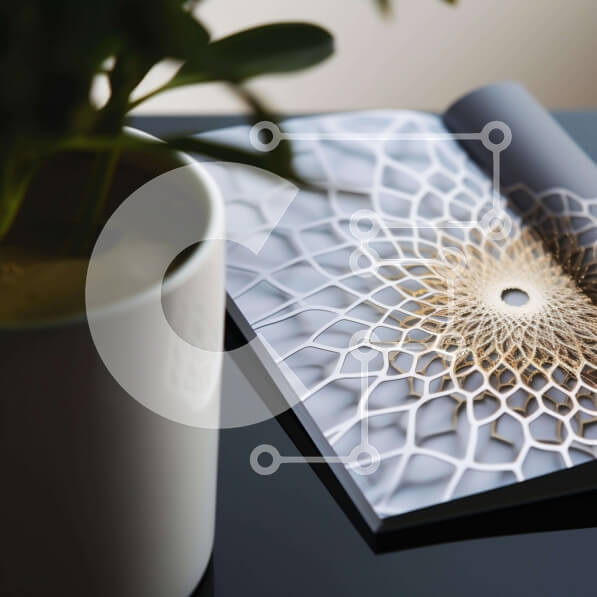 Intra Συλλεκτικό Ξύλινο Παζλ Plywood  4mm - Ανοιχτό βιβλίο με γεωμετρικό σχέδιο δίπλα σε φυτό σε γλάστρα Σε Ξύλινο Κουτί - Διαστάσεις Puzzle: 10x10 cm – 25 κομμάτια