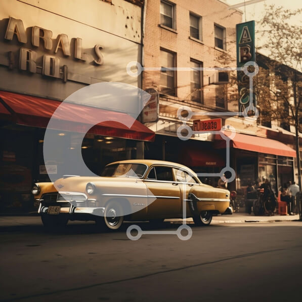 Intra Συλλεκτικό Ξύλινο Παζλ Plywood  4mm - Vintage κίτρινο αυτοκίνητο σε αστικό περιβάλλον Σε Ξύλινο Κουτί - Διαστάσεις Puzzle: 10x10 cm – 25 κομμάτια