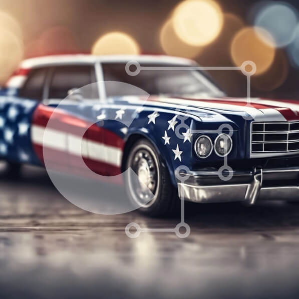 Intra Συλλεκτικό Ξύλινο Παζλ Plywood  4mm - Αυτοκίνητο παιχνίδι με αμερικανική σημαία Σε Ξύλινο Κουτί - Διαστάσεις Puzzle: 10x10 cm – 25 κομμάτια