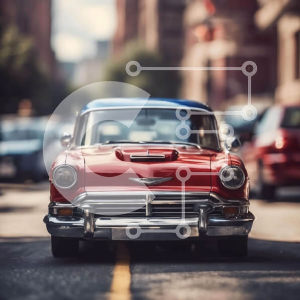 Intra Συλλεκτικό Ξύλινο Παζλ Plywood  4mm - Vintage κόκκινο αυτοκίνητο παρκαρισμένο στην οδό της πόλης Σε Ξύλινο Κουτί - Διαστάσεις Puzzle: 10x10 cm – 25 κομμάτια