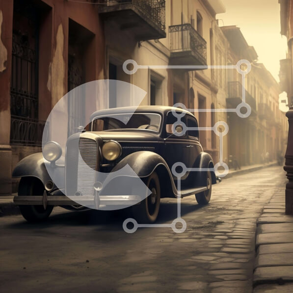 Intra Συλλεκτικό Ξύλινο Παζλ Plywood  4mm - Αντίκες μαύρο αυτοκίνητο στην οδό Cobblestone Σε Ξύλινο Κουτί - Διαστάσεις Puzzle: 10x10 cm – 25 κομμάτια