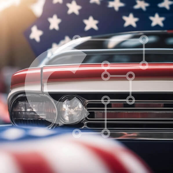 Intra Συλλεκτικό Ξύλινο Παζλ Plywood  4mm - Κλασικό αυτοκίνητο με αμερικανική σημαία Σε Ξύλινο Κουτί - Διαστάσεις Puzzle: 10x10 cm – 25 κομμάτια