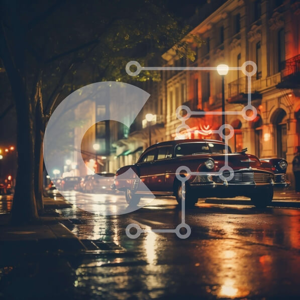 Intra Συλλεκτικό Ξύλινο Παζλ Plywood  4mm - Vintage αυτοκίνητο παρκαρισμένο στην Wet City Street Σε Ξύλινο Κουτί - Διαστάσεις Puzzle: 10x10 cm – 25 κομμάτια