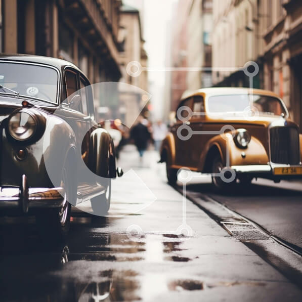 Intra Συλλεκτικό Ξύλινο Παζλ Plywood  4mm - Vintage και σύγχρονα αυτοκίνητα στην Wet City Street Σε Ξύλινο Κουτί - Διαστάσεις Puzzle: 10x10 cm – 25 κομμάτια