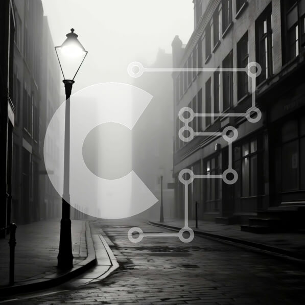 Intra Συλλεκτικό Ξύλινο Παζλ Plywood  4mm - Ομιχλώδης σκοτεινή οδός με το κτίριο και το φως του δρόμου Σε Ξύλινο Κουτί - Διαστάσεις Puzzle: 10x10 cm – 25 κομμάτια