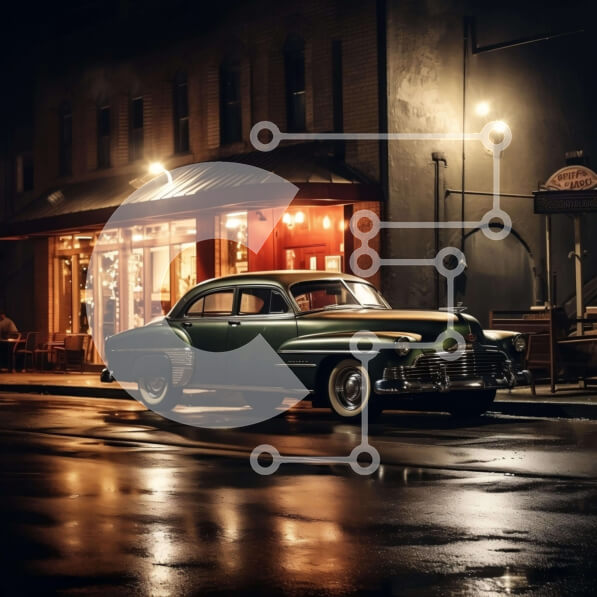 Intra Συλλεκτικό Ξύλινο Παζλ Plywood  4mm - Παλιό πράσινο αυτοκίνητο παρκαρισμένο έξω από το εστιατόριο τη νύχτα Σε Ξύλινο Κουτί - Διαστάσεις Puzzle: 10x10 cm – 25 κομμάτια