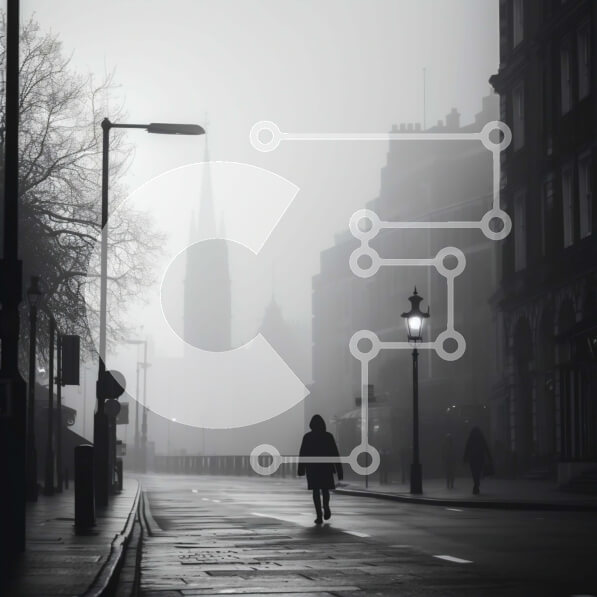 Intra Συλλεκτικό Ξύλινο Παζλ Plywood  4mm - Πρόσωπο που περπατά σε έναν άδειο δρόμο σε μια ομιχλώδη πόλη Σε Ξύλινο Κουτί - Διαστάσεις Puzzle: 10x10 cm – 25 κομμάτια