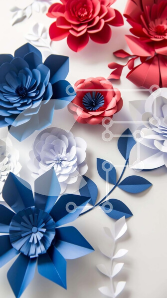 Intra Συλλεκτικό Ξύλινο Παζλ Plywood  4mm - Κόκκινα, λευκά και μπλε λουλούδια από χαρτί σε σχήματα καρδιάς και αστεριών Σε Ξύλινο Κουτί - Διαστάσεις Puzzle: 10x10 cm – 25 κομμάτια