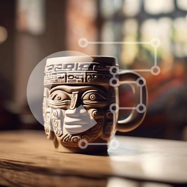 Intra Συλλεκτικό Ξύλινο Παζλ Plywood  4mm - Κούπα καφέ με πρόσωπο εμπνευσμένο από τους Αζτέκους σε ξύλινο τραπέζι Σε Ξύλινο Κουτί - Διαστάσεις: 10x10 cm – 25 κομμάτια