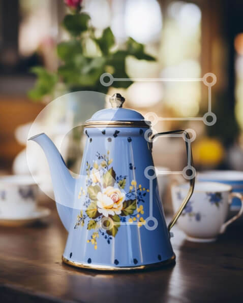 Intra Συλλεκτικό Ξύλινο Παζλ Plywood  4mm - Μπλε τσαγιέρα και φλιτζάνια σε ξύλινο τραπέζι Σε Ξύλινο Κουτί - Διαστάσεις: 10x10 cm – 25 κομμάτια