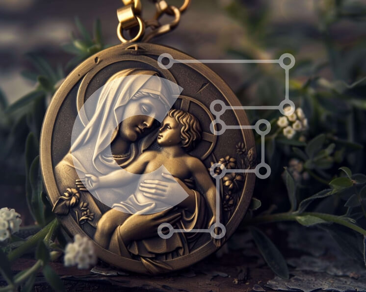 Intra Συλλεκτικό Ξύλινο Παζλ Plywood  4mm - Επιχρυσωμένο μενταγιόν με εικόνα της Παναγίας και του Βρέφους Σε Ξύλινο Κουτί - Διαστάσεις Puzzle: 10x10 cm – 25 κομμάτια