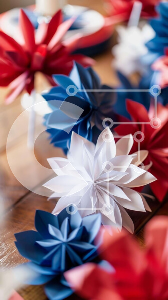 Intra Συλλεκτικό Ξύλινο Παζλ Plywood  4mm - Κόκκινα, λευκά και μπλε λουλούδια από χαρτί σε ξύλινο τραπέζι Σε Ξύλινο Κουτί - Διαστάσεις Puzzle: 10x10 cm – 25 κομμάτια