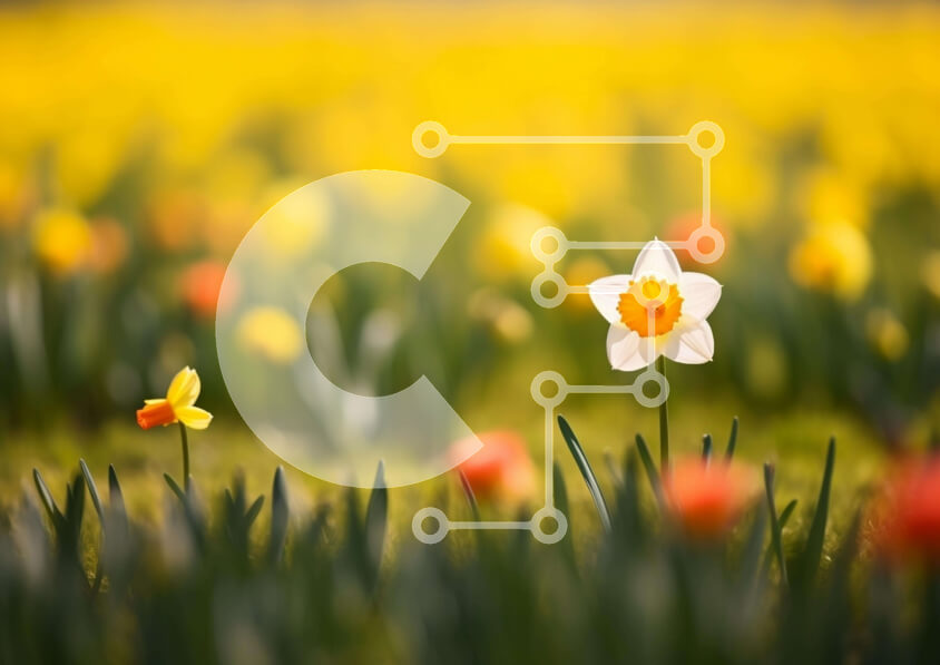 Intra Συλλεκτικό Ξύλινο Παζλ Plywood  4mm - Πεδίο με κίτρινους και πορτοκαλί νάρκισσους Σε Ξύλινο Κουτί - Διαστάσεις: 10x10 cm – 25 κομμάτια