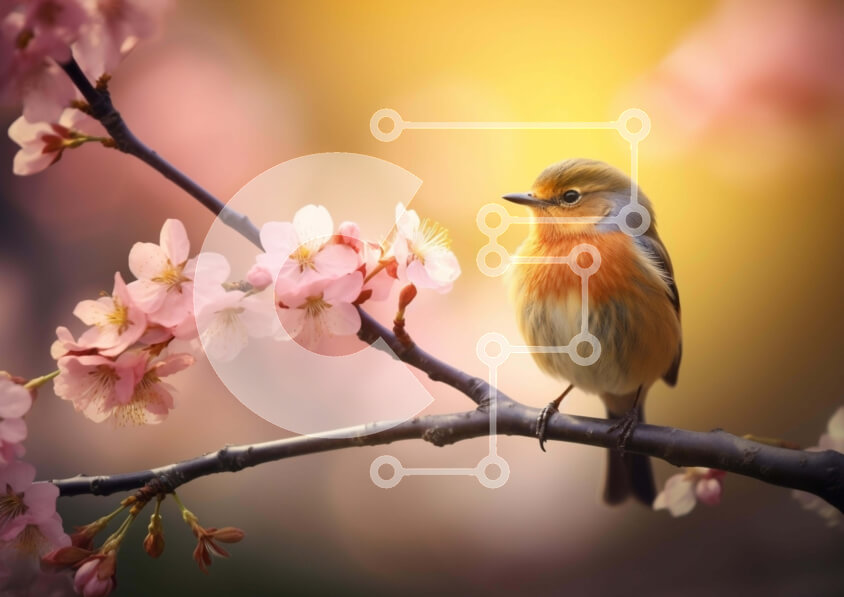 Intra Συλλεκτικό Ξύλινο Παζλ Plywood  4mm - Μικρό πουλί σε ροζ ανθισμένο κλαδί δέντρου Σε Ξύλινο Κουτί - Διαστάσεις: 10x10 cm – 25 κομμάτια