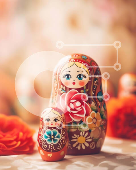 Intra Συλλεκτικό Ξύλινο Παζλ Plywood  4mm - Ρωσικές κούκλες φωλιάσματος στο τραπέζι με λουλούδια Σε Ξύλινο Κουτί - Διαστάσεις: 10x10 cm – 25 κομμάτια