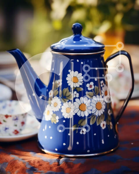 Σετ των 2 Intra Συλλεκτικό Ξύλινο Παζλ Plywood  4mm - Μπλε τσαγιέρα με λευκές μαργαρίτες στο τραπέζι εξωτερικού χώρου Σε Ξύλινο Κουτί - Διαστάσεις: 10x10 cm – 25 κομμάτια