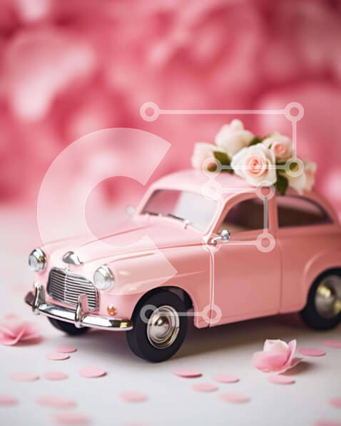 Intra Συλλεκτικό Ξύλινο Παζλ Plywood  4mm - Vintage ροζ παιχνίδι αυτοκίνητο με τριαντάφυλλα και κομφετί Σε Ξύλινο Κουτί - Διαστάσεις Puzzle: 10x10 cm – 25 κομμάτια