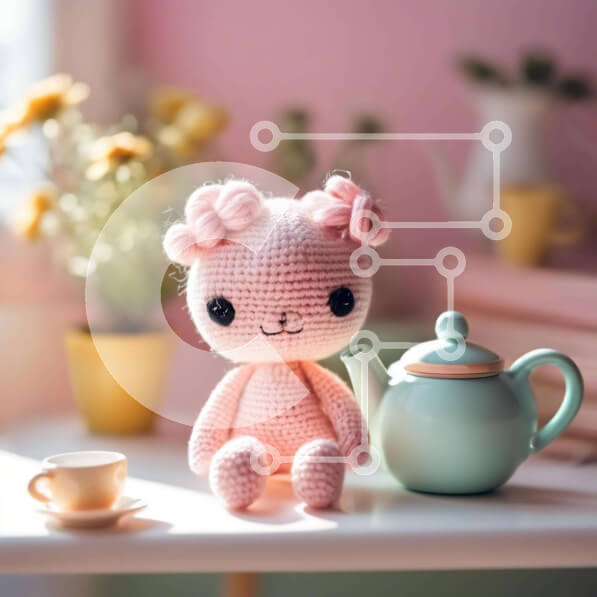 Σετ των 2 Intra Συλλεκτικό Ξύλινο Παζλ Plywood  4mm - Γοητευτικό ροζ κροσέ αρκουδάκι και τσαγιέρα με φυτά και λουλούδια Σε Ξύλινο Κουτί - Διαστάσεις: 10x10 cm – 25 κομμάτια