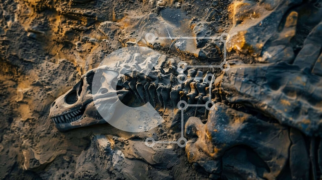 Intra Συλλεκτικό Ξύλινο Παζλ Plywood  4mm - Σκελετός δεινοσαύρων που εμφανίζεται στον τοίχο βράχου Σε Ξύλινο Κουτί - Διαστάσεις Puzzle: 10x10 cm – 25 κομμάτια