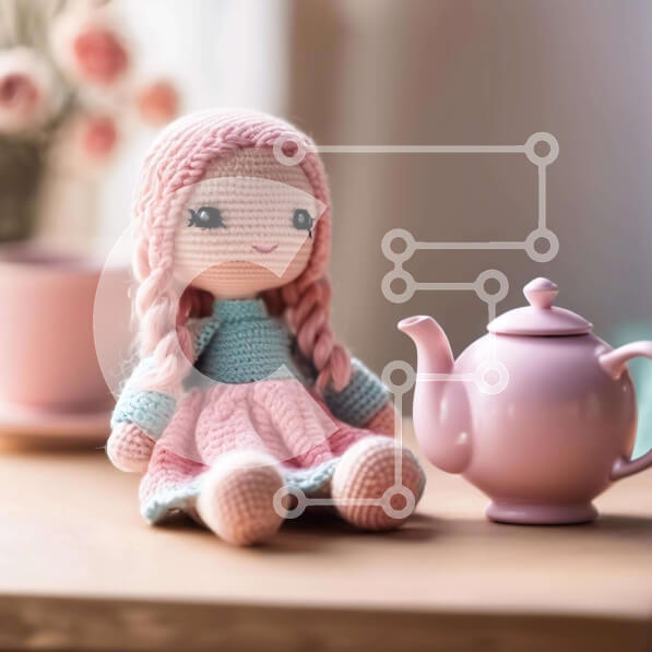 Intra Συλλεκτικό Ξύλινο Παζλ Plywood  4mm - Έκθεση με κροσέ κούκλα και τσαγιέρα αντίκες Σε Ξύλινο Κουτί - Διαστάσεις Puzzle: 10x10 cm – 25 κομμάτια