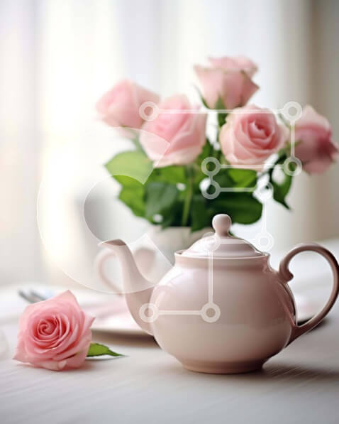 Σετ των 2 Intra Συλλεκτικό Ξύλινο Παζλ Plywood  4mm - Λευκή Τσαγιέρα με Ροζ Τριαντάφυλλα και Τραπέζι Σε Ξύλινο Κουτί - Διαστάσεις: 10x10 cm – 25 κομμάτια