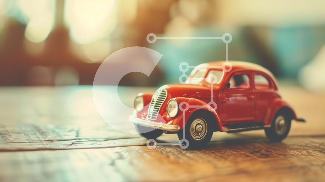 Intra Συλλεκτικό Ξύλινο Παζλ Plywood  4mm - Μικρό κόκκινο παιχνίδι αυτοκίνητο σε παλιό ξύλινο τραπέζι Σε Ξύλινο Κουτί - Διαστάσεις: 10x10 cm – 25 κομμάτια