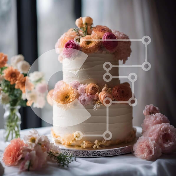 Σετ των 2 Intra Συλλεκτικό Ξύλινο Παζλ Plywood  4mm - Λευκή γαμήλια τούρτα τριών επιπέδων με ροζ και πορτοκαλί λουλούδια Σε Ξύλινο Κουτί - Διαστάσεις: 10x10 cm – 25 κομμάτια