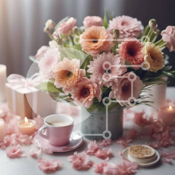 Intra Συλλεκτικό Ξύλινο Παζλ Plywood  4mm - Γοητευτικό σετ για καφέ και δώρο με ροζ λουλούδια Σε Ξύλινο Κουτί - Διαστάσεις: 10x10 cm – 25 κομμάτια