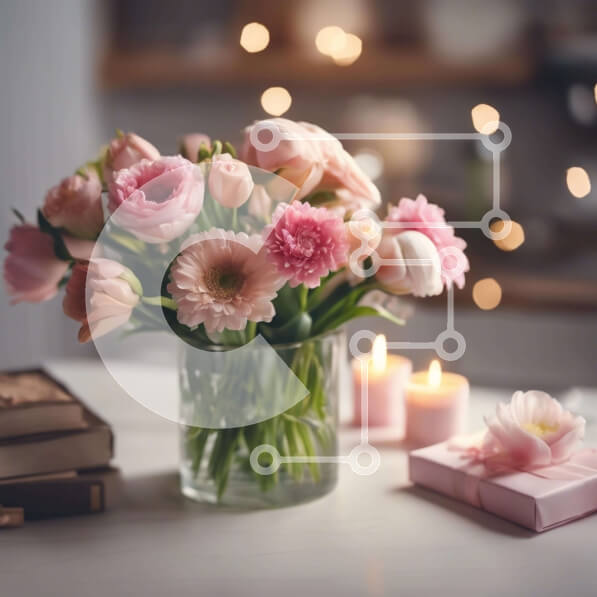 Intra Συλλεκτικό Ξύλινο Παζλ Plywood  4mm - Γυάλινο βάζο με ροζ λουλούδια και κεριά στο τραπέζι Σε Ξύλινο Κουτί - Διαστάσεις Puzzle: 10x10 cm – 25 κομμάτια