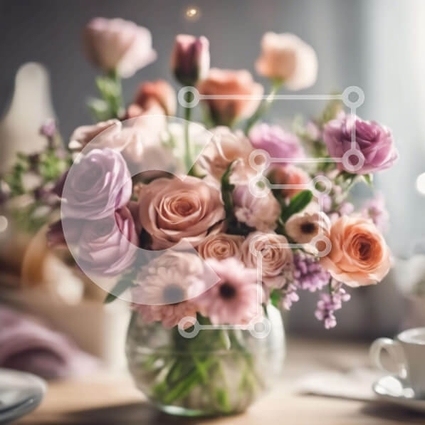 Σετ των 2 Intra Συλλεκτικό Ξύλινο Παζλ Plywood  4mm - Ροζ και μωβ τριαντάφυλλα σε γυάλινο βάζο με φλιτζάνια καφέ Σε Ξύλινο Κουτί - Διαστάσεις: 10x10 cm – 25 κομμάτια