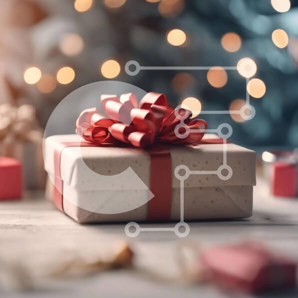 Intra Συλλεκτικό Ξύλινο Παζλ Plywood  4mm - Χριστουγεννιάτικα δώρα με κόκκινη κορδέλα και χριστουγεννιάτικο δέντρο στο βάθος Σε Ξύλινο Κουτί - Διαστάσεις: 10x10 cm – 25 κομμάτια