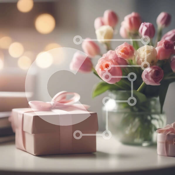 Intra Συλλεκτικό Ξύλινο Παζλ Plywood  4mm - Μπουκέτο με ροζ τουλίπες και κουτιά δώρων σε χώρο μελέτης Σε Ξύλινο Κουτί - Διαστάσεις Puzzle: 10x10 cm – 25 κομμάτια