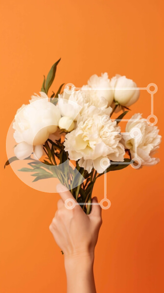 Intra Συλλεκτικό Ξύλινο Παζλ Plywood  4mm - Γυναικείο χέρι που κρατά λευκές παιώνιες σε πορτοκαλί φόντο Σε Ξύλινο Κουτί - Διαστάσεις Puzzle: 10x10 cm – 25 κομμάτια