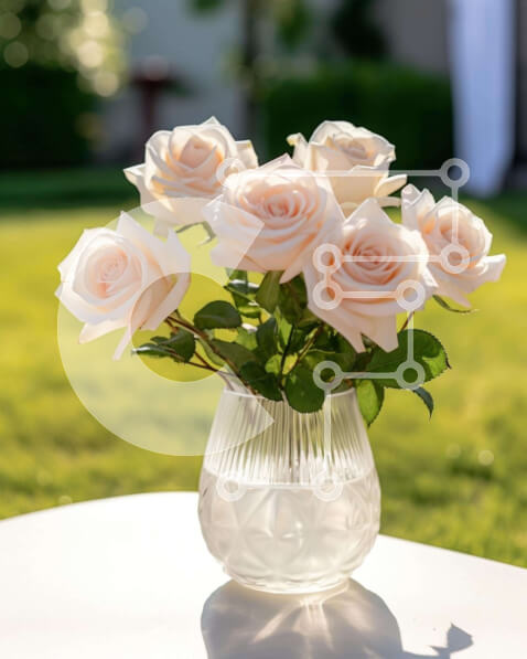 Intra Συλλεκτικό Ξύλινο Παζλ Plywood  4mm - Λευκά τριαντάφυλλα σε γυάλινο βάζο σε τραπέζι εξωτερικού χώρου Σε Ξύλινο Κουτί - Διαστάσεις Puzzle: 10x10 cm – 25 κομμάτια