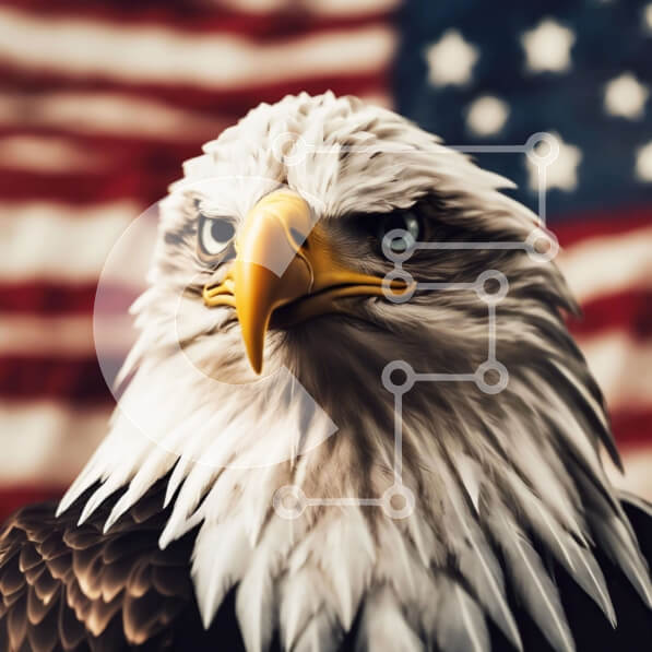 Intra Συλλεκτικό Ξύλινο Παζλ Plywood  4mm - Κοντινό πλάνο του φαλακρού αετού με την αμερικανική σημαία Σε Ξύλινο Κουτί - Διαστάσεις: 10x10 cm – 25 κομμάτια