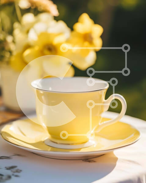 Σετ των 2 Intra Συλλεκτικό Ξύλινο Παζλ Plywood  4mm - Κίτρινο φλιτζάνι, πιατάκι και πιάτο στο τραπέζι εξωτερικού χώρου Σε Ξύλινο Κουτί - Διαστάσεις: 10x10 cm – 25 κομμάτια