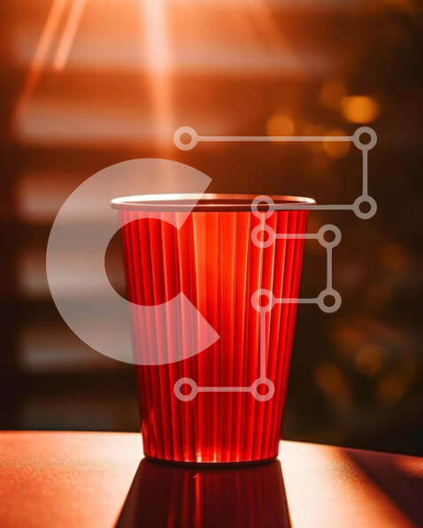 Intra Συλλεκτικό Ξύλινο Παζλ Plywood  4mm - Κόκκινο πλαστικό κύπελλο σε ξύλινο τραπέζι Σε Ξύλινο Κουτί - Διαστάσεις: 10x10 cm – 25 κομμάτια