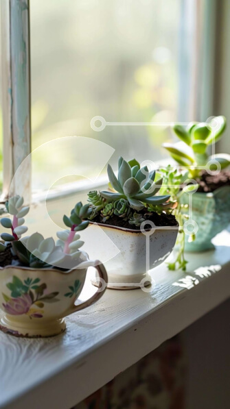 Σετ των 2 Intra Συλλεκτικό Ξύλινο Παζλ Plywood  4mm - Περβάζι παραθύρου με χυμώδη φυτά σε γλάστρες Σε Ξύλινο Κουτί - Διαστάσεις: 10x10 cm – 25 κομμάτια