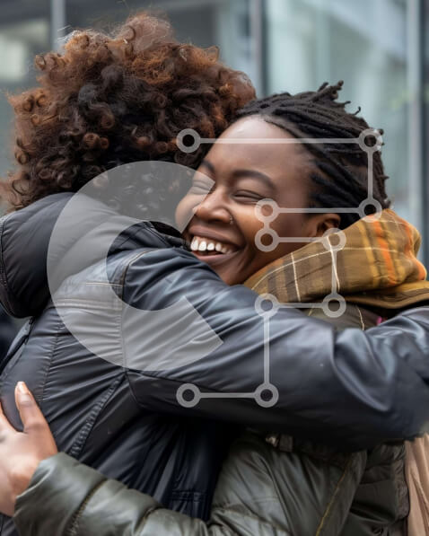 Intra Συλλεκτικό Ξύλινο Παζλ Plywood  4mm - Δύο γυναίκες αγκαλιάζονται έξω από ένα κτίριο Σε Ξύλινο Κουτί - Διαστάσεις Puzzle: 10x10 cm – 25 κομμάτια