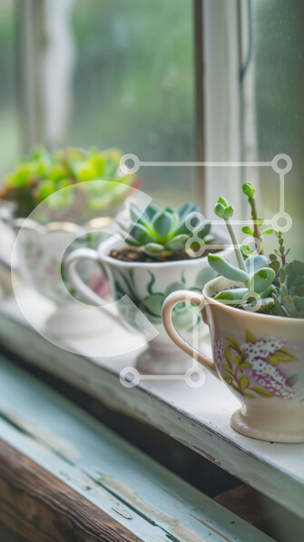 Σετ των 2 Intra Συλλεκτικό Ξύλινο Παζλ Plywood  4mm - περβάζι παραθύρου με κεραμικά κύπελλα και φυτά Σε Ξύλινο Κουτί - Διαστάσεις: 10x10 cm – 25 κομμάτια