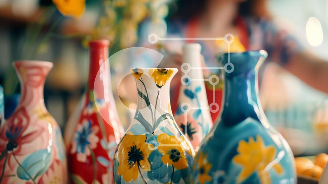 Intra Συλλεκτικό Ξύλινο Παζλ Plywood  4mm - Συλλογή πολύχρωμων βάζα με γυναίκα και πορτοκάλια Σε Ξύλινο Κουτί - Διαστάσεις Puzzle: 10x10 cm – 25 κομμάτια