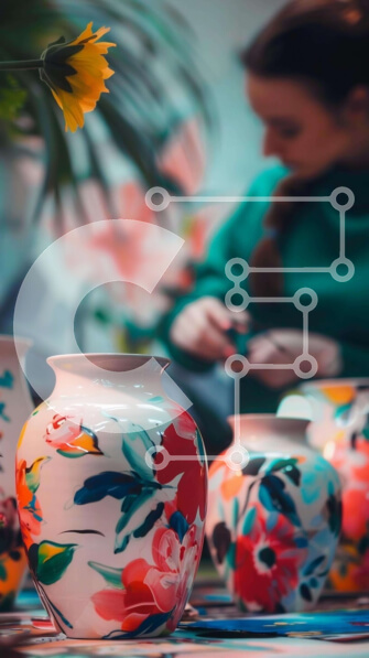 Intra Συλλεκτικό Ξύλινο Παζλ Plywood  4mm - Γυναίκα που δημιουργεί πολύχρωμα βάζα με floral μοτίβα Σε Ξύλινο Κουτί - Διαστάσεις Puzzle: 10x10 cm – 25 κομμάτια