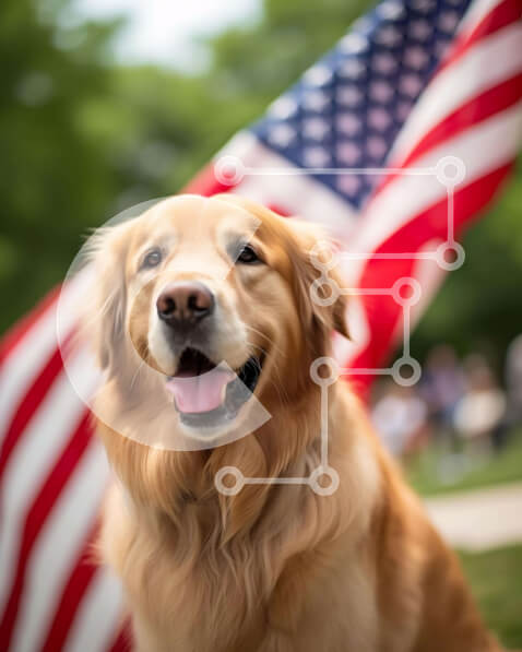 Σετ των 2 Intra Συλλεκτικό Ξύλινο Παζλ Plywood  4mm - Σκύλος Γκόλντεν Ριτρίβερ με αμερικανική σημαία και ανθρώπους Σε Ξύλινο Κουτί - Διαστάσεις: 10x10 cm – 25 κομμάτια