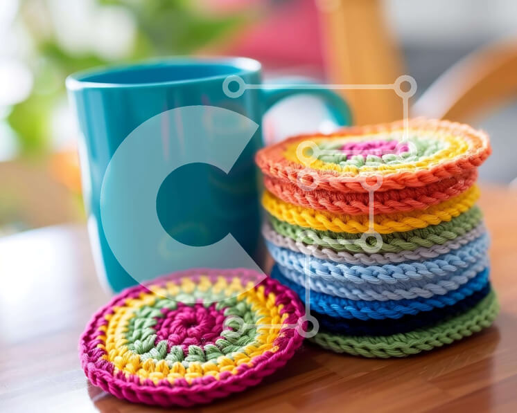 Intra Συλλεκτικό Ξύλινο Παζλ Plywood  4mm - Πολύχρωμα σουβέρ με κροσέ με μπλε κύπελλο Σε Ξύλινο Κουτί - Διαστάσεις Puzzle: 10x10 cm – 25 κομμάτια