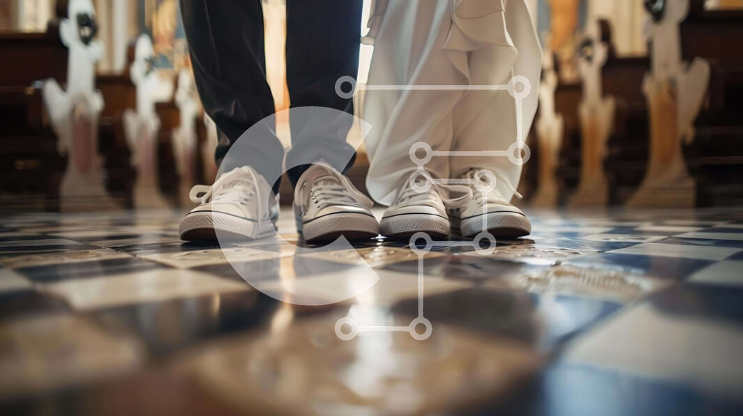 Intra Συλλεκτικό Ξύλινο Παζλ Plywood  4mm - Νεόνυμφοι με λευκά αθλητικά παπούτσια Σε Ξύλινο Κουτί - Διαστάσεις Puzzle: 10x10 cm – 25 κομμάτια